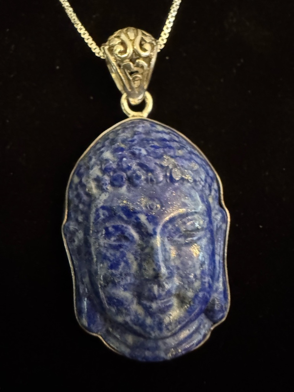 Genuine blue Lapis Lazuli Buddha Pendant with sterling silver setting and chain